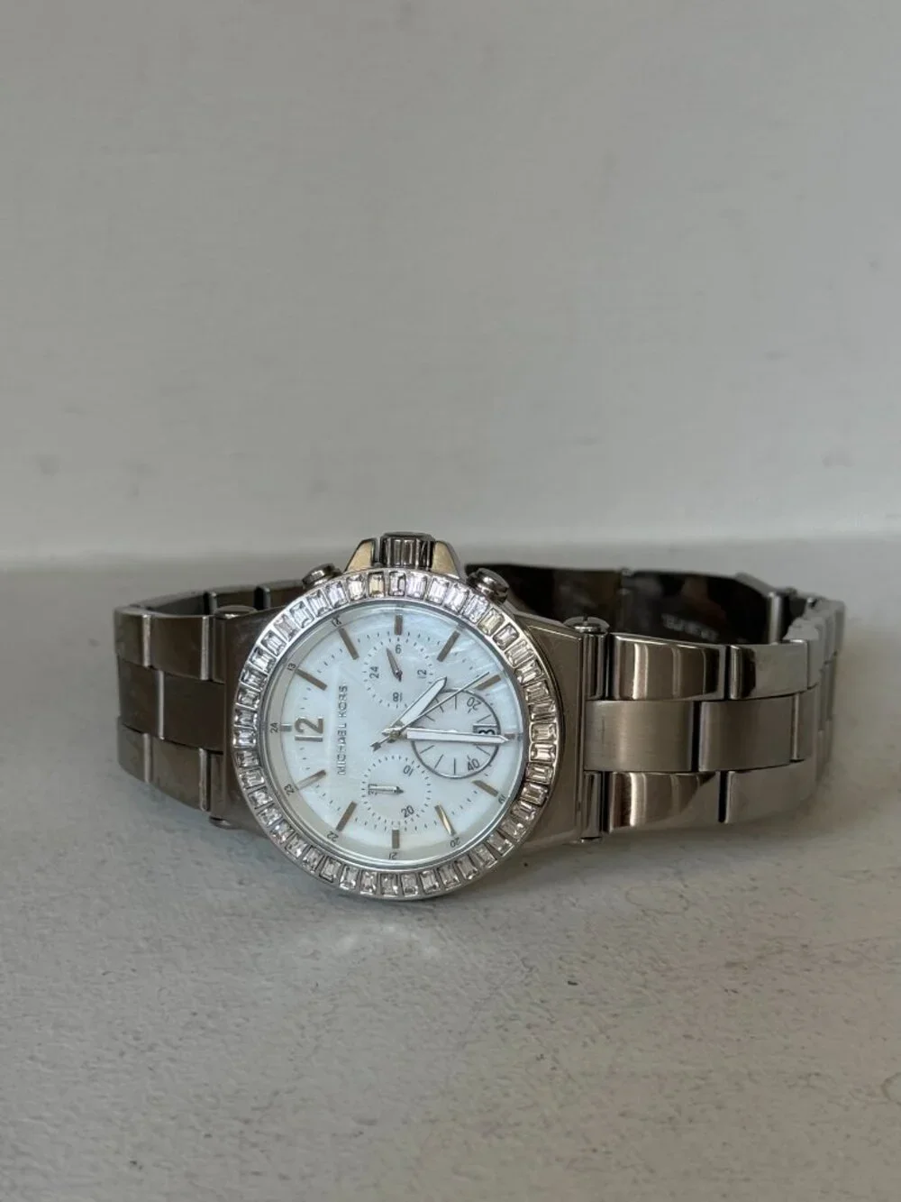 Michael Kors MK5411 Dylan Crystal Bezel Mother of Pearl Silver Chronograph Watch